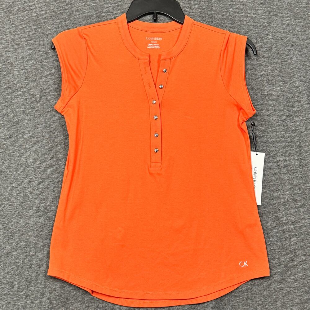 Calvin Klein Womens Blouse Size Medium Orange V Neck Cap Sleeve